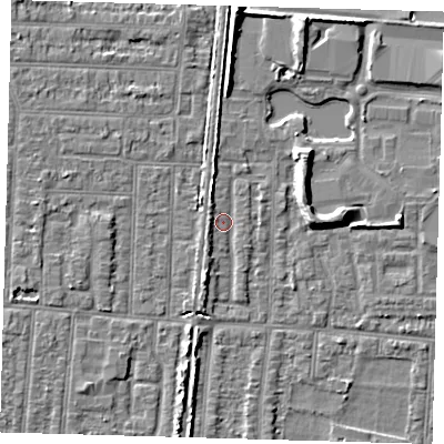 Shaded relief map of the ground around EN36DX, computed from Environment Agency LiDAR. The ground here sits at about 17 m above sea level and falls 7 m across the surrounding 800 m. Surface water reaching this point runs off ground lying to the north-north-west, 2.4 m higher.