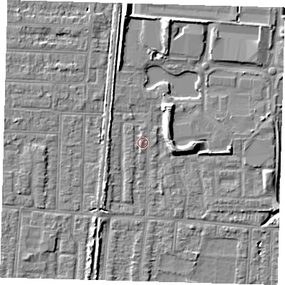 Shaded relief map of the ground around EN36DY, computed from Environment Agency LiDAR. The ground here sits at about 18 m above sea level and falls 8 m across the surrounding 800 m. Surface water reaching this point runs off ground lying to the north-north-west, 0.8 m higher.