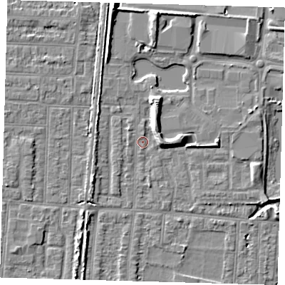 Shaded relief map of the ground around EN36DZ, computed from Environment Agency LiDAR. The ground here sits at about 17 m above sea level and falls 7 m across the surrounding 800 m. Surface water reaching this point runs off ground lying to the north-north-east, 5.7 m higher.