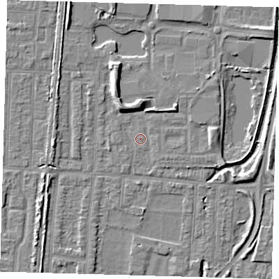 Shaded relief map of the ground around EN36EB, computed from Environment Agency LiDAR. The ground here sits at about 17 m above sea level and falls 8 m across the surrounding 800 m. Surface water reaching this point runs off ground lying to the north-north-west, 5.2 m higher.