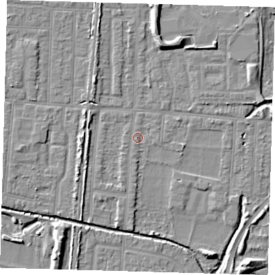 Shaded relief map of the ground around EN36ED, computed from Environment Agency LiDAR. The ground here sits at about 17 m above sea level and falls 8 m across the surrounding 800 m. Surface water reaching this point runs off ground lying to the south-south-west, 1.2 m higher.