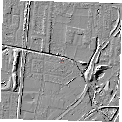 Shaded relief map of the ground around EN36EG, computed from Environment Agency LiDAR. The ground here sits at about 17 m above sea level and falls 8 m across the surrounding 800 m. Surface water reaching this point runs off ground lying to the west-south-west, 0.7 m higher.
