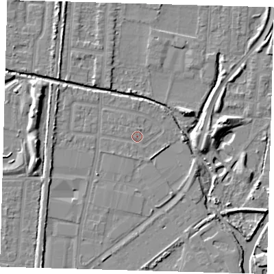 Shaded relief map of the ground around EN36EH, computed from Environment Agency LiDAR. The ground here sits at about 17 m above sea level and falls 8 m across the surrounding 800 m. Surface water reaching this point runs off ground lying to the north-west, 1.0 m higher.