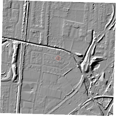 Shaded relief map of the ground around EN36EQ, computed from Environment Agency LiDAR. The ground here sits at about 17 m above sea level and falls 8 m across the surrounding 800 m. Surface water reaching this point runs off ground lying to the north-north-west, 0.7 m higher.