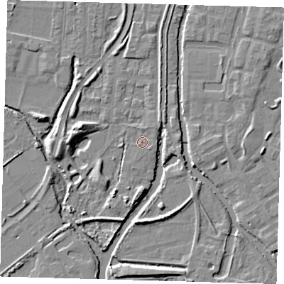 Shaded relief map of the ground around EN36FD, computed from Environment Agency LiDAR. The ground here sits at about 16 m above sea level and falls 7 m across the surrounding 800 m. Surface water reaching this point runs off ground lying to the north-east, 1.1 m higher.