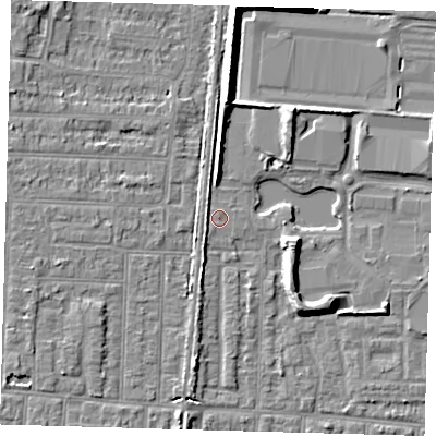 Shaded relief map of the ground around EN36FE, computed from Environment Agency LiDAR. The ground here sits at about 18 m above sea level and falls 8 m across the surrounding 800 m. Surface water reaching this point runs off ground lying to the south-west, 1.4 m higher.