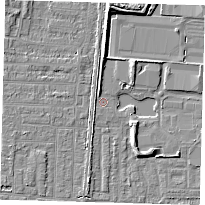 Shaded relief map of the ground around EN36FF, computed from Environment Agency LiDAR. The ground here sits at about 18 m above sea level and falls 9 m across the surrounding 800 m. Surface water reaching this point runs off ground lying to the north, 6.0 m higher.