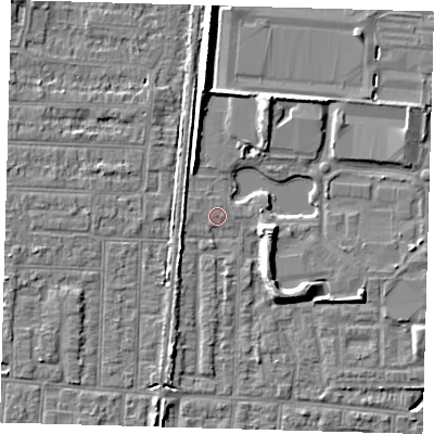 Shaded relief map of the ground around EN36FG, computed from Environment Agency LiDAR. The ground here sits at about 18 m above sea level and falls 8 m across the surrounding 800 m. Surface water reaching this point runs off ground lying to the west, 0.7 m higher.