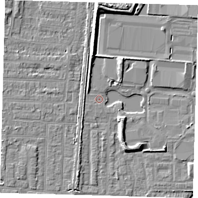 Shaded relief map of the ground around EN36FH, computed from Environment Agency LiDAR. The ground here sits at about 17 m above sea level and falls 9 m across the surrounding 800 m. Surface water reaching this point runs off ground lying to the north, 7.0 m higher.