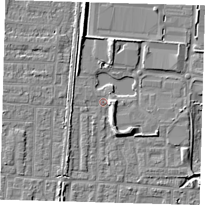 Shaded relief map of the ground around EN36FJ, computed from Environment Agency LiDAR. The ground here sits at about 17 m above sea level and falls 8 m across the surrounding 800 m. Surface water reaching this point runs off ground lying to the east, 5.0 m higher.
