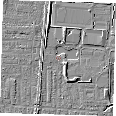 Shaded relief map of the ground around EN36FL, computed from Environment Agency LiDAR. The ground here sits at about 18 m above sea level and falls 8 m across the surrounding 800 m. Surface water reaching this point runs off ground lying to the south-east, 5.8 m higher.