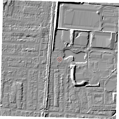 Shaded relief map of the ground around EN36FQ, computed from Environment Agency LiDAR. The ground here sits at about 18 m above sea level and falls 8 m across the surrounding 800 m. The ground contributing surface water to this point lies to the east.