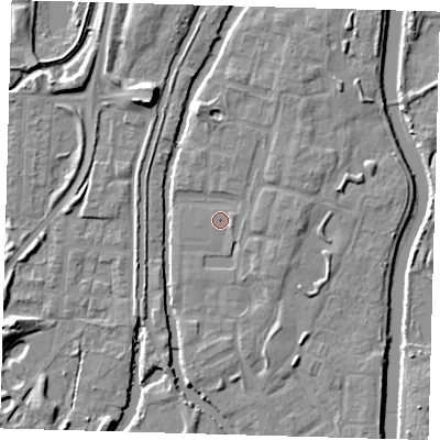 Shaded relief map of the ground around EN36GA, computed from Environment Agency LiDAR. The ground here sits at about 17 m above sea level and falls 9 m across the surrounding 800 m. Surface water reaching this point runs off ground lying to the north, 2.9 m higher.