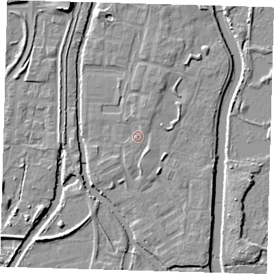 Shaded relief map of the ground around EN36GF, computed from Environment Agency LiDAR. The ground here sits at about 17 m above sea level and falls 9 m across the surrounding 800 m. Surface water reaching this point runs off ground lying to the north-north-east, 1.7 m higher.