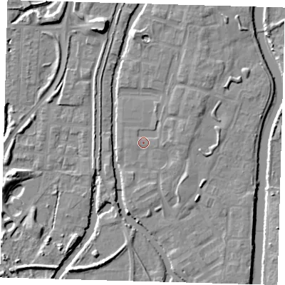 Shaded relief map of the ground around EN36GG, computed from Environment Agency LiDAR. The ground here sits at about 17 m above sea level and falls 9 m across the surrounding 800 m. Surface water reaching this point runs off ground lying to the east-north-east, 1.8 m higher.