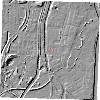 Shaded relief map of the ground around EN36GH, computed from Environment Agency LiDAR. The ground here sits at about 17 m above sea level and falls 9 m across the surrounding 800 m. Surface water reaching this point runs off ground lying to the east-north-east, 1.7 m higher.