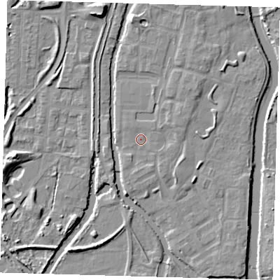 Shaded relief map of the ground around EN36GN, computed from Environment Agency LiDAR. The ground here sits at about 17 m above sea level and falls 9 m across the surrounding 800 m. Surface water reaching this point runs off ground lying to the east-north-east, 1.7 m higher.