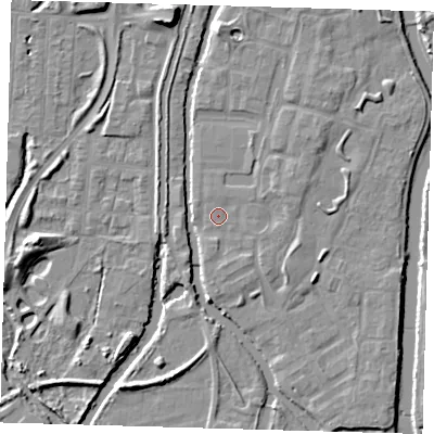 Shaded relief map of the ground around EN36GP, computed from Environment Agency LiDAR. The ground here sits at about 17 m above sea level and falls 9 m across the surrounding 800 m. Surface water reaching this point runs off ground lying to the east-north-east, 1.7 m higher.