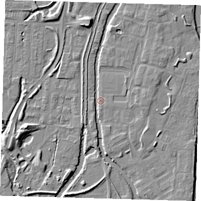 Shaded relief map of the ground around EN36GR, computed from Environment Agency LiDAR. The ground here sits at about 17 m above sea level and falls 9 m across the surrounding 800 m. Surface water reaching this point runs off ground lying to the north, 4.2 m higher.