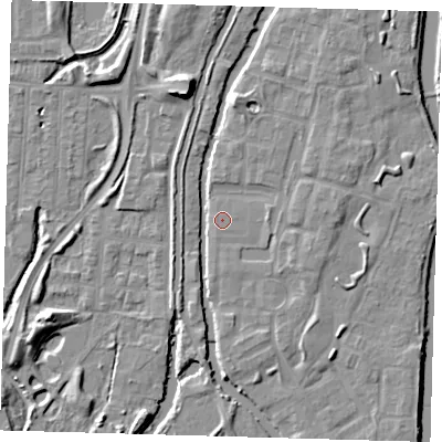 Shaded relief map of the ground around EN36GS, computed from Environment Agency LiDAR. The ground here sits at about 17 m above sea level and falls 9 m across the surrounding 800 m. The ground contributing surface water to this point lies to the south.
