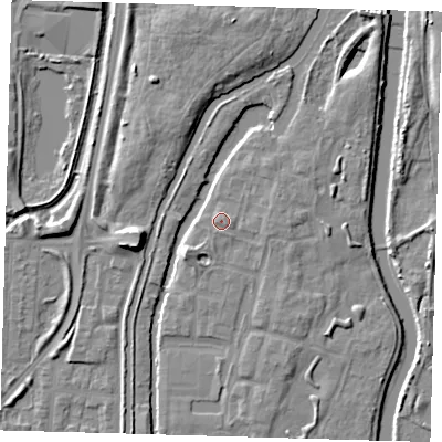 Shaded relief map of the ground around EN36GW, computed from Environment Agency LiDAR. The ground here sits at about 18 m above sea level and falls 9 m across the surrounding 800 m. Surface water reaching this point runs off ground lying to the south-east, 0.9 m higher.