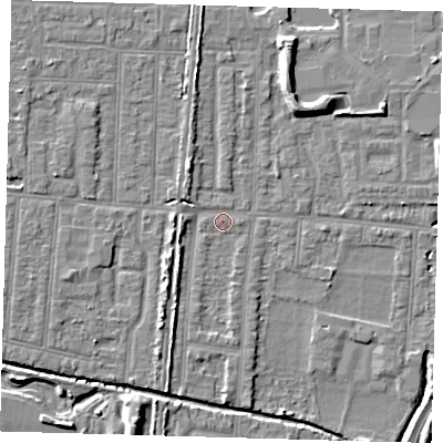 Shaded relief map of the ground around EN36HA, computed from Environment Agency LiDAR. The ground here sits at about 17 m above sea level and falls 8 m across the surrounding 800 m. Surface water reaching this point runs off ground lying to the south, 1.4 m higher.