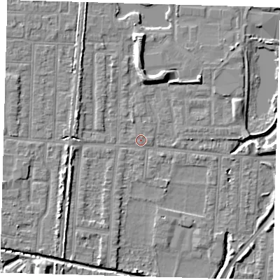 Shaded relief map of the ground around EN36HB, computed from Environment Agency LiDAR. The ground here sits at about 17 m above sea level and falls 8 m across the surrounding 800 m. Surface water reaching this point runs off ground lying to the north, 6.9 m higher.
