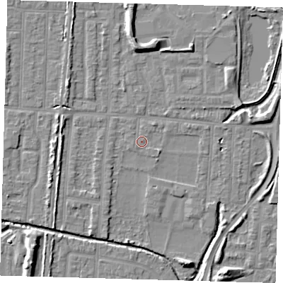 Shaded relief map of the ground around EN36HD, computed from Environment Agency LiDAR. The ground here sits at about 17 m above sea level and falls 8 m across the surrounding 800 m. Surface water reaching this point runs off ground lying to the north-east, 0.5 m higher.