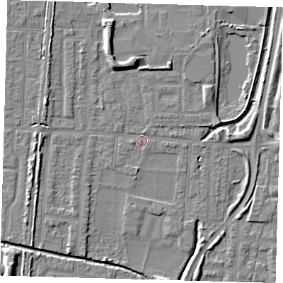 Shaded relief map of the ground around EN36HE, computed from Environment Agency LiDAR. The ground here sits at about 17 m above sea level and falls 8 m across the surrounding 800 m. Surface water reaching this point runs off ground lying to the north-north-west, 6.9 m higher.