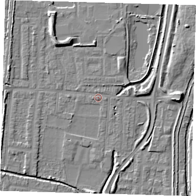 Shaded relief map of the ground around EN36HF, computed from Environment Agency LiDAR. The ground here sits at about 17 m above sea level and falls 9 m across the surrounding 800 m. Surface water reaching this point runs off ground lying to the north-north-west, 6.9 m higher.