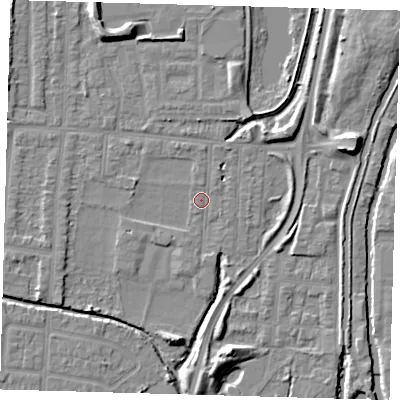 Shaded relief map of the ground around EN36HG, computed from Environment Agency LiDAR. The ground here sits at about 16 m above sea level and falls 9 m across the surrounding 800 m. Surface water reaching this point runs off ground lying to the north-north-west, 5.6 m higher.