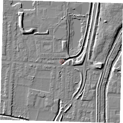 Shaded relief map of the ground around EN36HH, computed from Environment Agency LiDAR. The ground here sits at about 17 m above sea level and falls 9 m across the surrounding 800 m. Surface water reaching this point runs off ground lying to the north, 2.7 m higher.