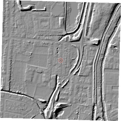 Shaded relief map of the ground around EN36HJ, computed from Environment Agency LiDAR. The ground here sits at about 16 m above sea level and falls 9 m across the surrounding 800 m. Surface water reaching this point runs off ground lying to the north-north-east, 4.6 m higher.