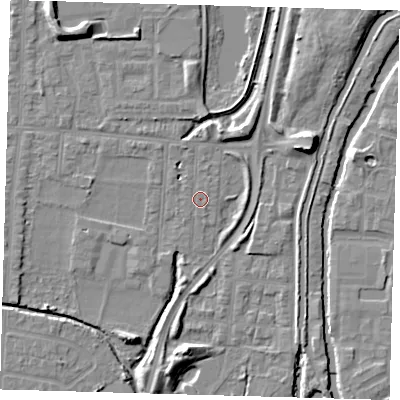 Shaded relief map of the ground around EN36HL, computed from Environment Agency LiDAR. The ground here sits at about 16 m above sea level and falls 9 m across the surrounding 800 m. Surface water reaching this point runs off ground lying to the north-north-east, 4.6 m higher.