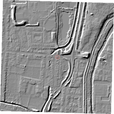 Shaded relief map of the ground around EN36HN, computed from Environment Agency LiDAR. The ground here sits at about 17 m above sea level and falls 9 m across the surrounding 800 m. Surface water reaching this point runs off ground lying to the north-east, 3.2 m higher.