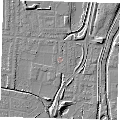 Shaded relief map of the ground around EN36HQ, computed from Environment Agency LiDAR. The ground here sits at about 16 m above sea level and falls 9 m across the surrounding 800 m. Surface water reaching this point runs off ground lying to the north-north-west, 5.9 m higher.