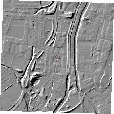 Shaded relief map of the ground around EN36HU, computed from Environment Agency LiDAR. The ground here sits at about 16 m above sea level and falls 9 m across the surrounding 800 m. Surface water reaching this point runs off ground lying to the north-north-east, 7.8 m higher.