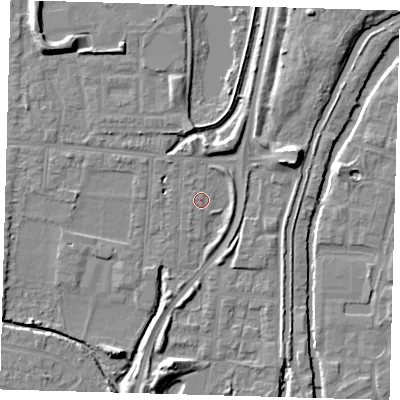 Shaded relief map of the ground around EN36HW, computed from Environment Agency LiDAR. The ground here sits at about 17 m above sea level and falls 9 m across the surrounding 800 m. The ground contributing surface water to this point lies to the north-north-west.