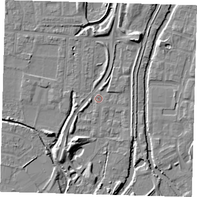 Shaded relief map of the ground around EN36HX, computed from Environment Agency LiDAR. The ground here sits at about 16 m above sea level and falls 9 m across the surrounding 800 m. Surface water reaching this point runs off ground lying to the north, 4.9 m higher.