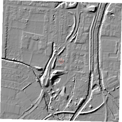 Shaded relief map of the ground around EN36HY, computed from Environment Agency LiDAR. The ground here sits at about 16 m above sea level and falls 9 m across the surrounding 800 m. Surface water reaching this point runs off ground lying to the north-north-east, 4.9 m higher.