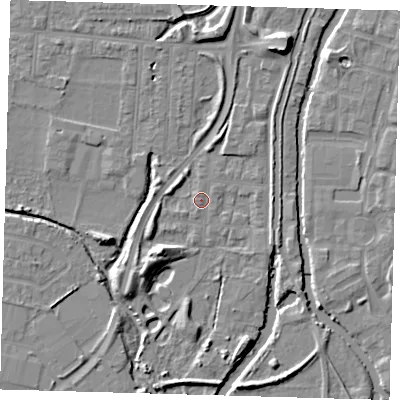 Shaded relief map of the ground around EN36HZ, computed from Environment Agency LiDAR. The ground here sits at about 16 m above sea level and falls 9 m across the surrounding 800 m. Surface water reaching this point runs off ground lying to the north, 4.9 m higher.