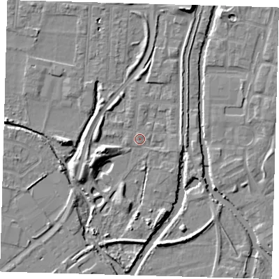Shaded relief map of the ground around EN36JA, computed from Environment Agency LiDAR. The ground here sits at about 16 m above sea level and falls 9 m across the surrounding 800 m. Surface water reaching this point runs off ground lying to the south-south-west, 0.8 m higher.