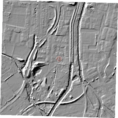 Shaded relief map of the ground around EN36JB, computed from Environment Agency LiDAR. The ground here sits at about 16 m above sea level and falls 9 m across the surrounding 800 m. Surface water reaching this point runs off ground lying to the north-north-east, 7.8 m higher.