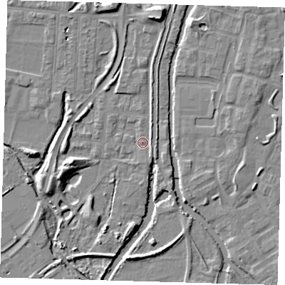 Shaded relief map of the ground around EN36JD, computed from Environment Agency LiDAR. The ground here sits at about 16 m above sea level and falls 9 m across the surrounding 800 m. Surface water reaching this point runs off ground lying to the north, 7.8 m higher.