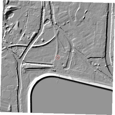Shaded relief map of the ground around EN36JH, computed from Environment Agency LiDAR. The ground here sits at about 16 m above sea level and falls 10 m across the surrounding 800 m. Surface water reaching this point runs off ground lying to the south, 7.6 m higher.