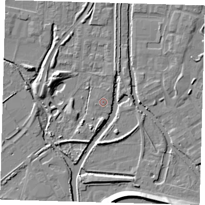 Shaded relief map of the ground around EN36JJ, computed from Environment Agency LiDAR. The ground here sits at about 16 m above sea level and falls 9 m across the surrounding 800 m. Surface water reaching this point runs off ground lying to the north-north-east, 0.6 m higher.