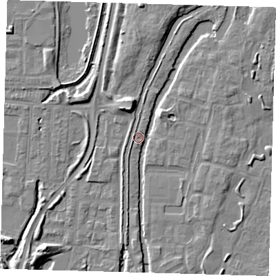Shaded relief map of the ground around EN36JN, computed from Environment Agency LiDAR. The ground here sits at about 17 m above sea level and falls 9 m across the surrounding 800 m. Surface water reaching this point runs off ground lying to the south-south-west, 2.4 m higher.