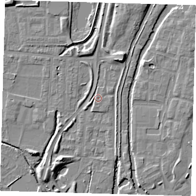 Shaded relief map of the ground around EN36JP, computed from Environment Agency LiDAR. The ground here sits at about 17 m above sea level and falls 9 m across the surrounding 800 m. Surface water reaching this point runs off ground lying to the north-north-east, 7.6 m higher.