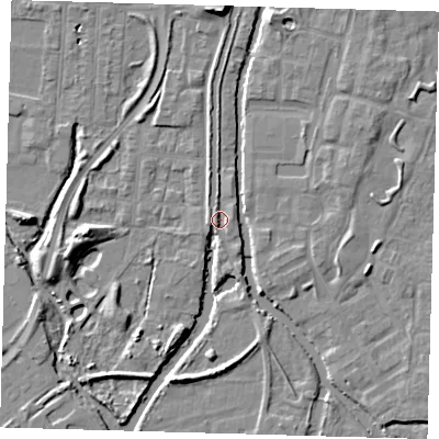 Shaded relief map of the ground around EN36JQ, computed from Environment Agency LiDAR. The ground here sits at about 16 m above sea level and falls 9 m across the surrounding 800 m. Surface water reaching this point runs off ground lying to the north, 1.5 m higher.
