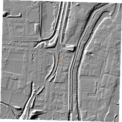 Shaded relief map of the ground around EN36JS, computed from Environment Agency LiDAR. The ground here sits at about 16 m above sea level and falls 9 m across the surrounding 800 m. Surface water reaching this point runs off ground lying to the north-east, 7.0 m higher.